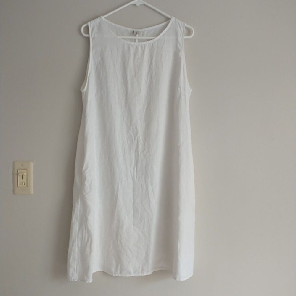 Amazhiyu Shift Dress L White 100%Linen Pocket Lagenlook Minimalist Coastal